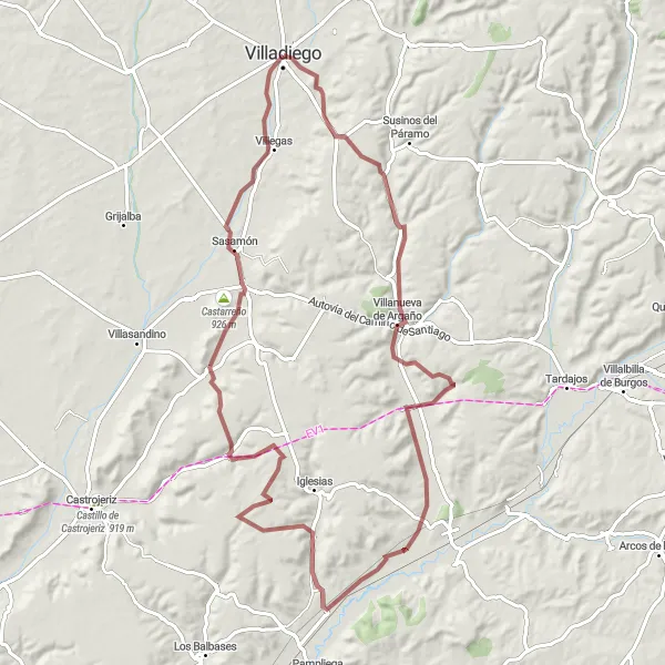 Miniatuurkaart van de fietsinspiratie "Gravel route vanuit Villadiego naar Villanoño" in Castilla y León, Spain. Gemaakt door de Tarmacs.app fietsrouteplanner