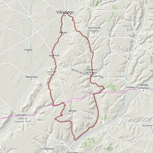 Map miniature of "Gravel Expedition: Villadiego Adventure" cycling inspiration in Castilla y León, Spain. Generated by Tarmacs.app cycling route planner