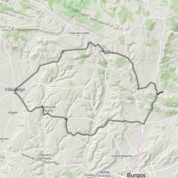 Map miniature of "Villadiego to Morera del Liceo Loop" cycling inspiration in Castilla y León, Spain. Generated by Tarmacs.app cycling route planner