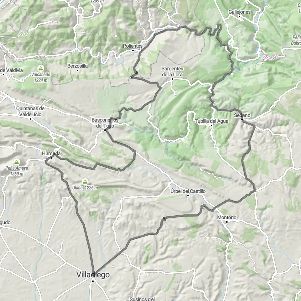 Miniaturekort af cykelinspirationen "Udfordrende road cycling fra Villadiego til Brulles via Fuencaliente de Puerta og Sedano" i Castilla y León, Spain. Genereret af Tarmacs.app cykelruteplanlægger