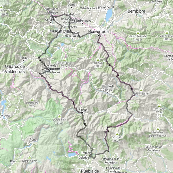Map miniature of "Epic Road Route to Ponferrada and San Ciprián" cycling inspiration in Castilla y León, Spain. Generated by Tarmacs.app cycling route planner