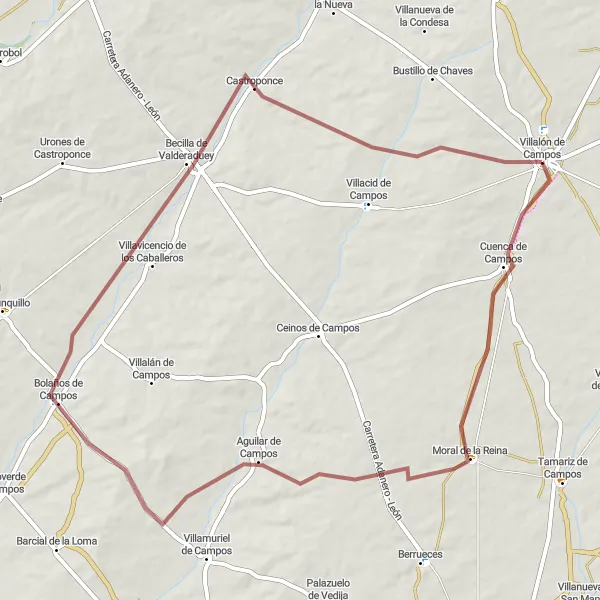 Miniatua del mapa de inspiración ciclista "Ruta de Ciclismo en Grava cerca de Villalón de Campos" en Castilla y León, Spain. Generado por Tarmacs.app planificador de rutas ciclistas