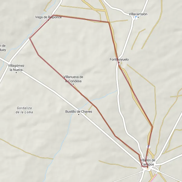 Miniatua del mapa de inspiración ciclista "Ruta en bicicleta alrededor de Villalón de Campos" en Castilla y León, Spain. Generado por Tarmacs.app planificador de rutas ciclistas