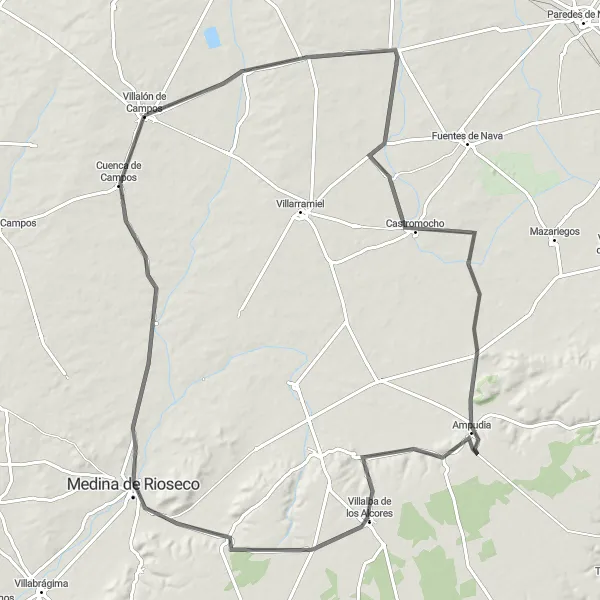 Map miniature of "The Camino Road Loop" cycling inspiration in Castilla y León, Spain. Generated by Tarmacs.app cycling route planner