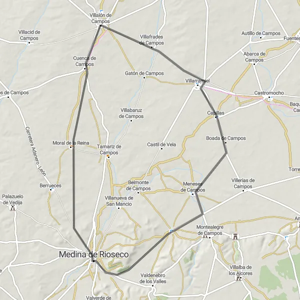 Miniatura mapy "Trasa rowerowa drogowa wokół Villalón de Campos" - trasy rowerowej w Castilla y León, Spain. Wygenerowane przez planer tras rowerowych Tarmacs.app