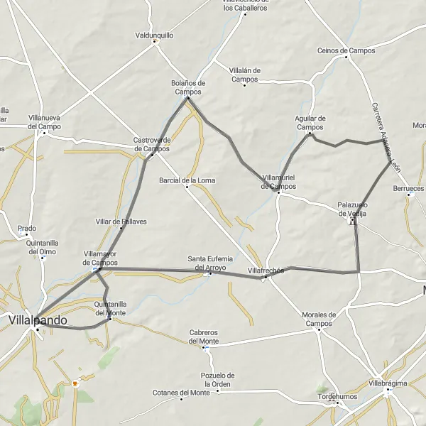 Map miniature of "Challenging Road Cycling Loop from Villalpando" cycling inspiration in Castilla y León, Spain. Generated by Tarmacs.app cycling route planner