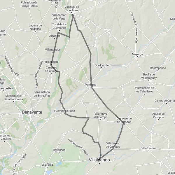 Map miniature of "The Villalpando Loop" cycling inspiration in Castilla y León, Spain. Generated by Tarmacs.app cycling route planner