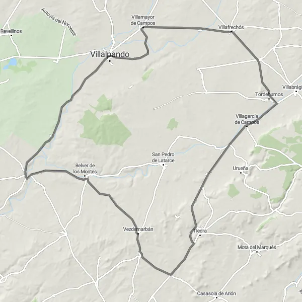 Miniatura mapy "Trasa Villalpando - Villalpando przez Santa Eufemia del Arroyo i Benafarces" - trasy rowerowej w Castilla y León, Spain. Wygenerowane przez planer tras rowerowych Tarmacs.app