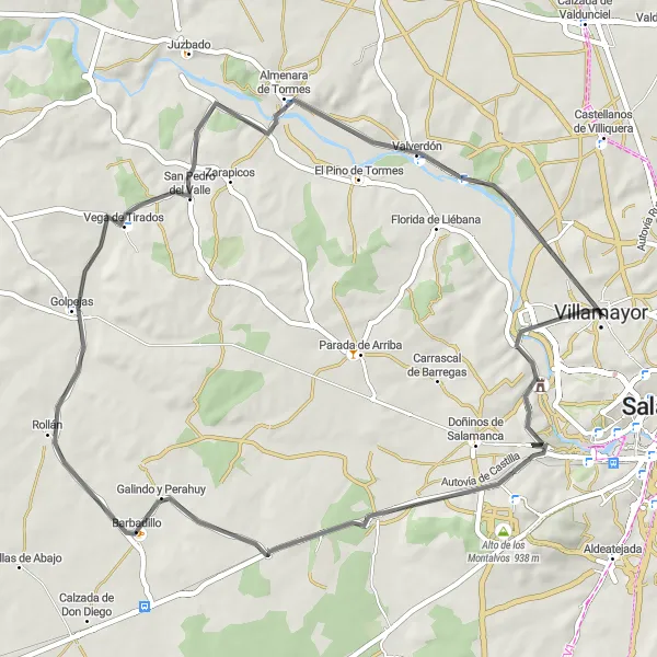 Map miniature of "Villamayor Challenge: Scenic Landscapes and Historic Villages" cycling inspiration in Castilla y León, Spain. Generated by Tarmacs.app cycling route planner