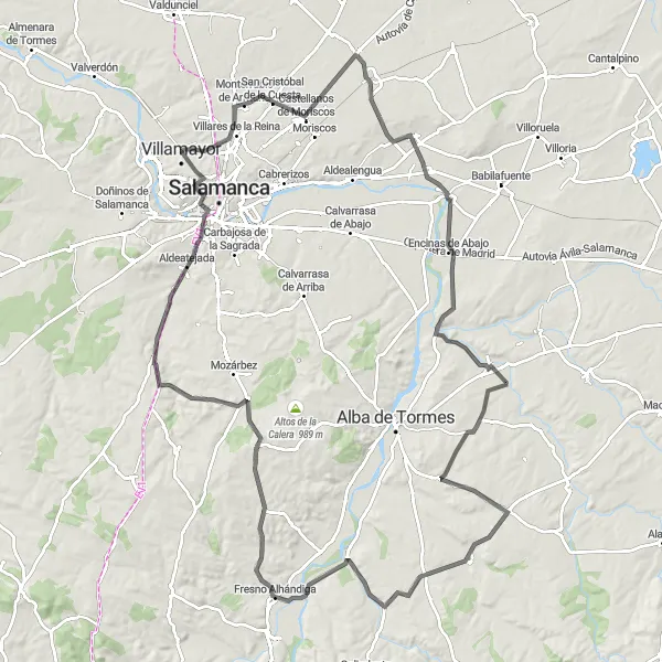 Map miniature of "Scenic Road Cycling Route from Villamayor" cycling inspiration in Castilla y León, Spain. Generated by Tarmacs.app cycling route planner