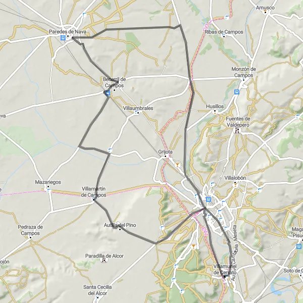 Map miniature of "Villamuriel de Cerrato Loop - Crossing the Ancient Villages" cycling inspiration in Castilla y León, Spain. Generated by Tarmacs.app cycling route planner