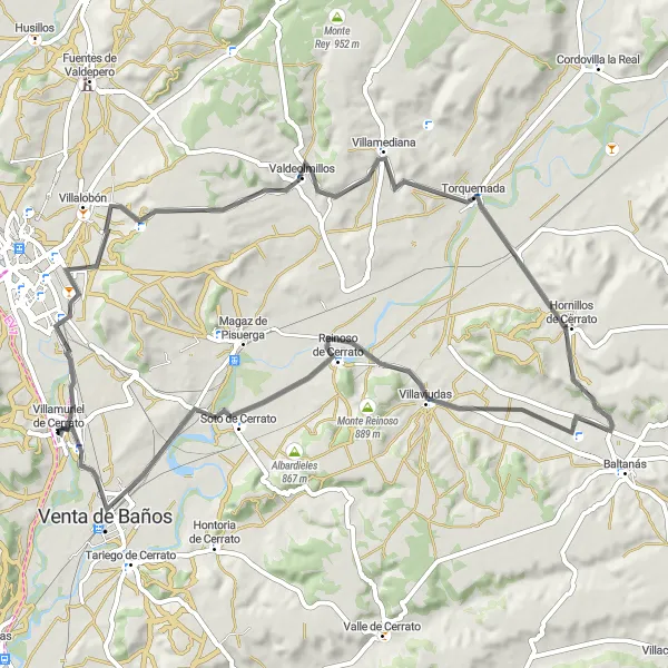 Miniaturekort af cykelinspirationen "Landevejsrunde i nærheden af ​​Villamuriel de Cerrato" i Castilla y León, Spain. Genereret af Tarmacs.app cykelruteplanlægger