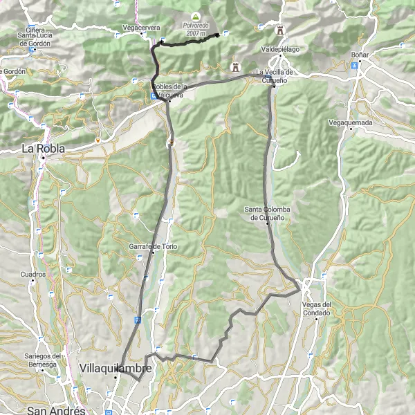 Miniatuurkaart van de fietsinspiratie "Rondrit over de weg van Villaquilambre naar Matallana de Torío en Castrillino" in Castilla y León, Spain. Gemaakt door de Tarmacs.app fietsrouteplanner