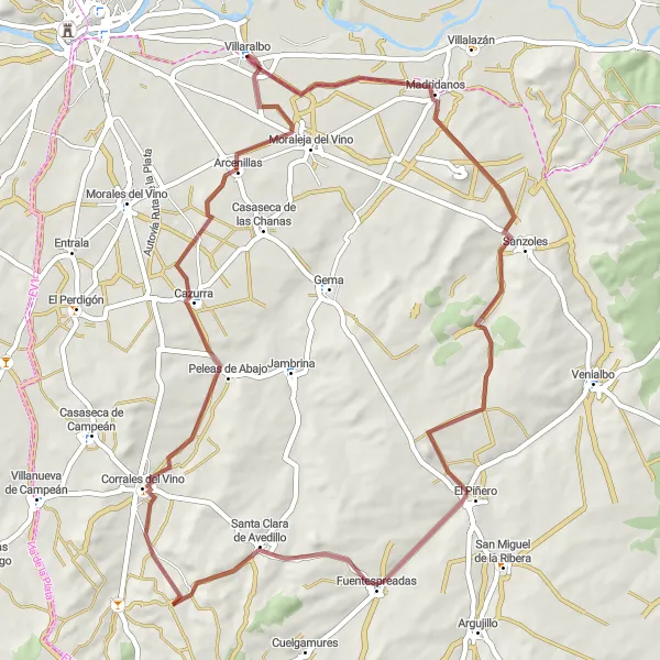 Miniatuurkaart van de fietsinspiratie "Gravelavontuur van Villaralbo naar Arcenillas" in Castilla y León, Spain. Gemaakt door de Tarmacs.app fietsrouteplanner