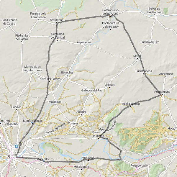 Map miniature of "Villaralbo to Castronuevo de los Arcos" cycling inspiration in Castilla y León, Spain. Generated by Tarmacs.app cycling route planner