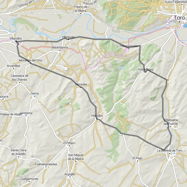 Map miniature of "Zamora Road Loop" cycling inspiration in Castilla y León, Spain. Generated by Tarmacs.app cycling route planner