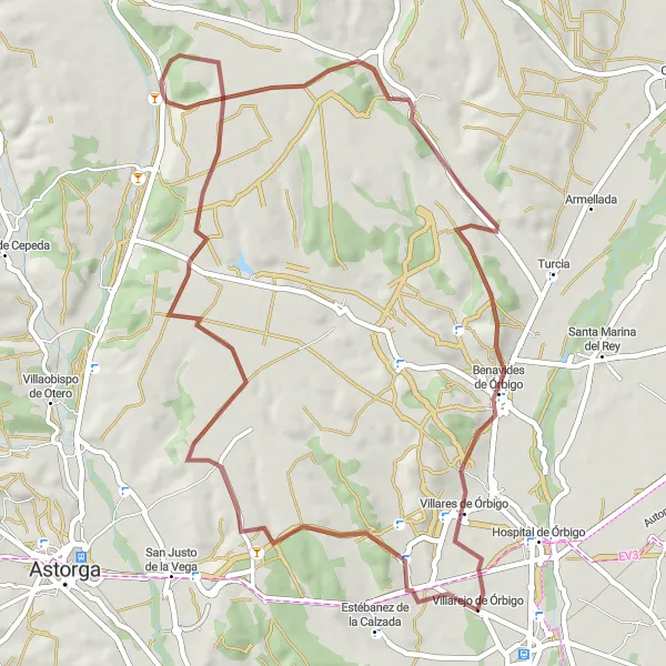 Map miniature of "Orbigo Circular Gravel Route" cycling inspiration in Castilla y León, Spain. Generated by Tarmacs.app cycling route planner