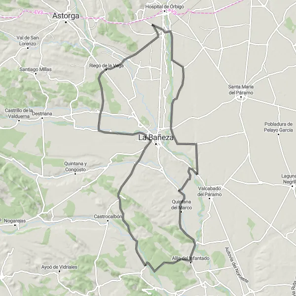 Map miniature of "León Countryside Road Route" cycling inspiration in Castilla y León, Spain. Generated by Tarmacs.app cycling route planner