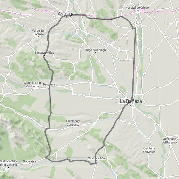 Map miniature of "Road Cycling Exploration of León" cycling inspiration in Castilla y León, Spain. Generated by Tarmacs.app cycling route planner