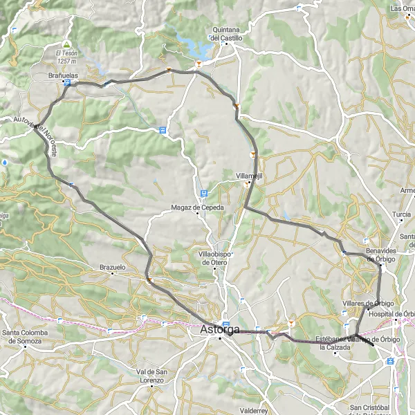 Map miniature of "Orbigo Loop: A Scenic Road Ride through Castilla y León" cycling inspiration in Castilla y León, Spain. Generated by Tarmacs.app cycling route planner