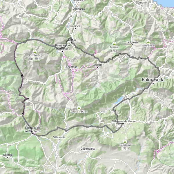 Miniaturekort af cykelinspirationen "Mena Mountains Route" i Castilla y León, Spain. Genereret af Tarmacs.app cykelruteplanlægger
