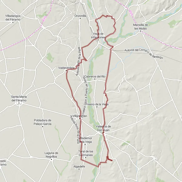 Map miniature of "Valencia de Don Juan Gravel Route" cycling inspiration in Castilla y León, Spain. Generated by Tarmacs.app cycling route planner