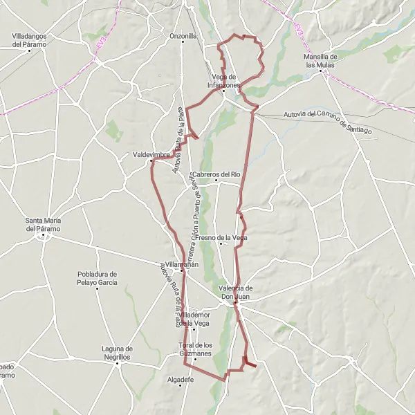 Miniatuurkaart van de fietsinspiratie "Uitdagende graveltocht naar Valencia de Don Juan en Villamañán" in Castilla y León, Spain. Gemaakt door de Tarmacs.app fietsrouteplanner