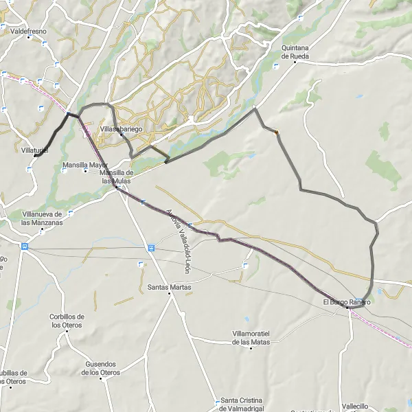 Map miniature of "Villasabariego Road Route" cycling inspiration in Castilla y León, Spain. Generated by Tarmacs.app cycling route planner