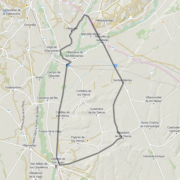 Map miniature of "León Countryside Loop" cycling inspiration in Castilla y León, Spain. Generated by Tarmacs.app cycling route planner