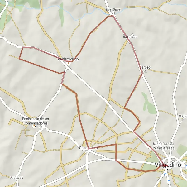 Miniatuurkaart van de fietsinspiratie "Gravel fietsroute naar Guadramiro, Valderrodrigo en Barceo" in Castilla y León, Spain. Gemaakt door de Tarmacs.app fietsrouteplanner