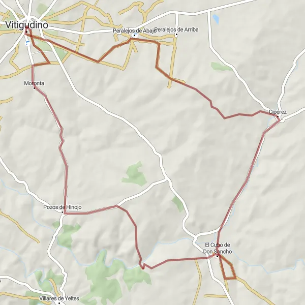 Miniatua del mapa de inspiración ciclista "Ruta de Grava Peralejos de Abajo - Cipérez - El Cubo de Don Sancho - Pozos de Hinojo - Moronta" en Castilla y León, Spain. Generado por Tarmacs.app planificador de rutas ciclistas
