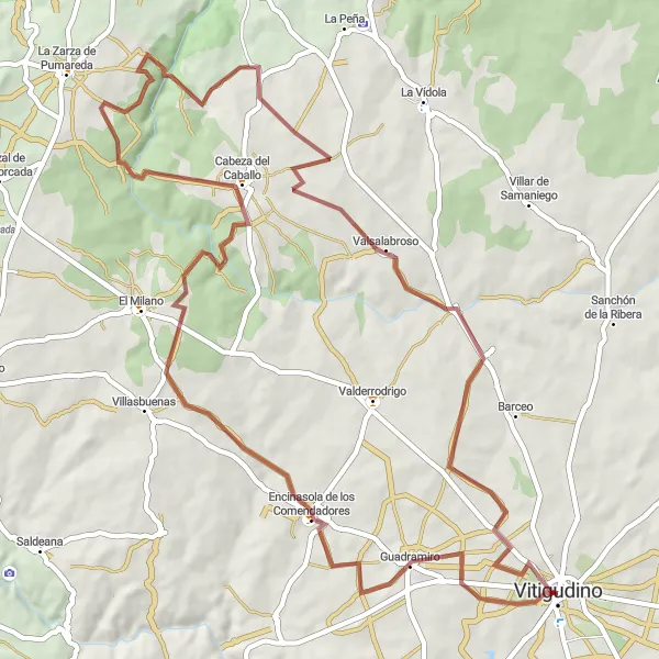Miniatura mapy "Vitigudino - Encinasola de los Comendadores - Cabeza del Caballo - Fuentes de Masueco - Valsalabroso" - trasy rowerowej w Castilla y León, Spain. Wygenerowane przez planer tras rowerowych Tarmacs.app
