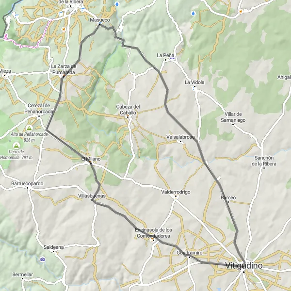 Miniatura mapy "Encinasola de los Comendadores - Villasbuenas - Masueco - Valsalabroso - Barceo" - trasy rowerowej w Castilla y León, Spain. Wygenerowane przez planer tras rowerowych Tarmacs.app