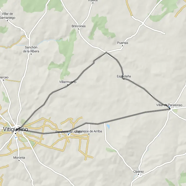 Miniatura mapy "Vitigudino - Villarmuerto - Espadaña - Peralejos de Abajo" - trasy rowerowej w Castilla y León, Spain. Wygenerowane przez planer tras rowerowych Tarmacs.app
