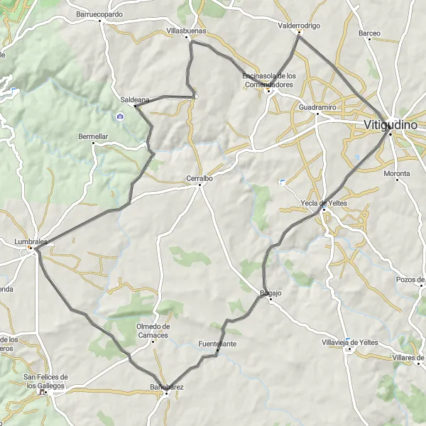Miniatura mapy "Vitigudino - Bogajo - Lumbrales - Saldeana - Villasbuenas - Valderrodrigo" - trasy rowerowej w Castilla y León, Spain. Wygenerowane przez planer tras rowerowych Tarmacs.app