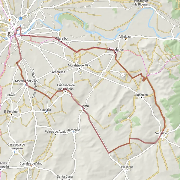 Miniatuurkaart van de fietsinspiratie "Gravel Route from Zamora to Murallas de Zamora" in Castilla y León, Spain. Gemaakt door de Tarmacs.app fietsrouteplanner
