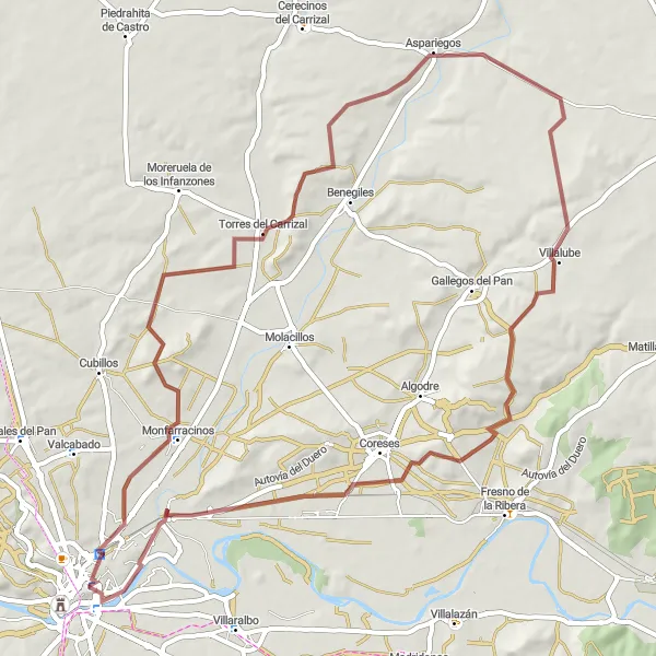 Map miniature of "Zamora Grand Gravel Tour" cycling inspiration in Castilla y León, Spain. Generated by Tarmacs.app cycling route planner