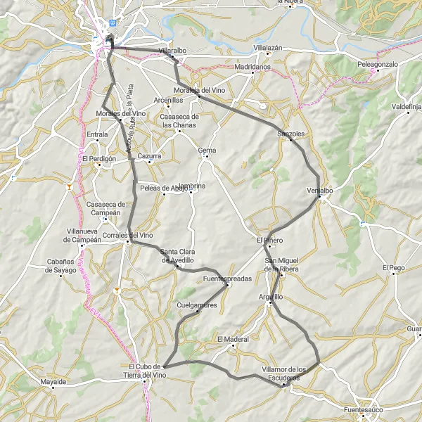 Map miniature of "Zamora Vineyard Ride" cycling inspiration in Castilla y León, Spain. Generated by Tarmacs.app cycling route planner