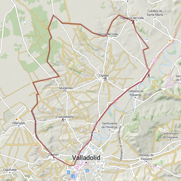 Miniatua del mapa de inspiración ciclista "Ruta de grava desde Zaratán" en Castilla y León, Spain. Generado por Tarmacs.app planificador de rutas ciclistas