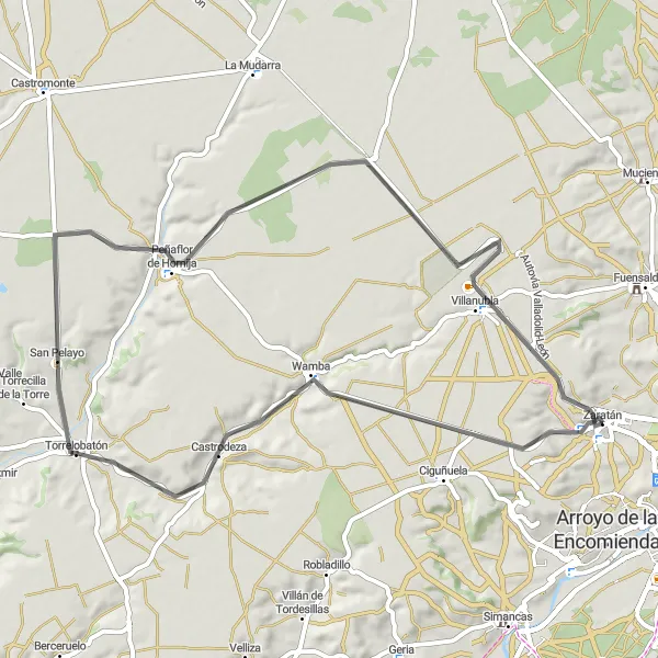 Miniatua del mapa de inspiración ciclista "Ruta en Carretera desde Zaratán" en Castilla y León, Spain. Generado por Tarmacs.app planificador de rutas ciclistas