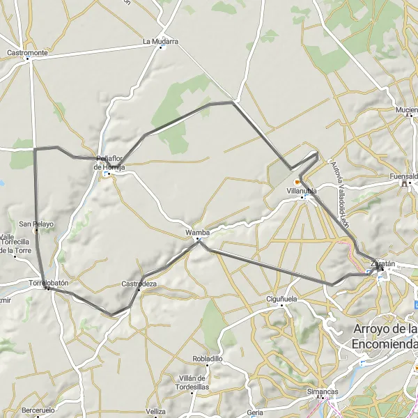 Map miniature of "Escaping to Villanubla: A Road Cycling Journey" cycling inspiration in Castilla y León, Spain. Generated by Tarmacs.app cycling route planner