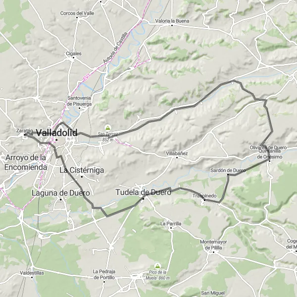 Miniatua del mapa de inspiración ciclista "Ruta en carretera cerca de Zaratán" en Castilla y León, Spain. Generado por Tarmacs.app planificador de rutas ciclistas
