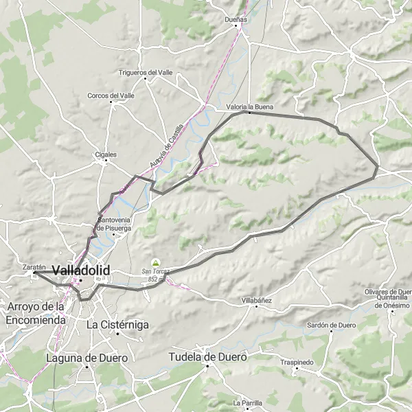 Map miniature of "Zaratán - Cuesta de la Maruquesa - Royal Palace - Cabezón de Pisuerga - Valoria la Buena - Olmos de Esgueva - Renedo de Esgueva - Mirador del Mirlo" cycling inspiration in Castilla y León, Spain. Generated by Tarmacs.app cycling route planner