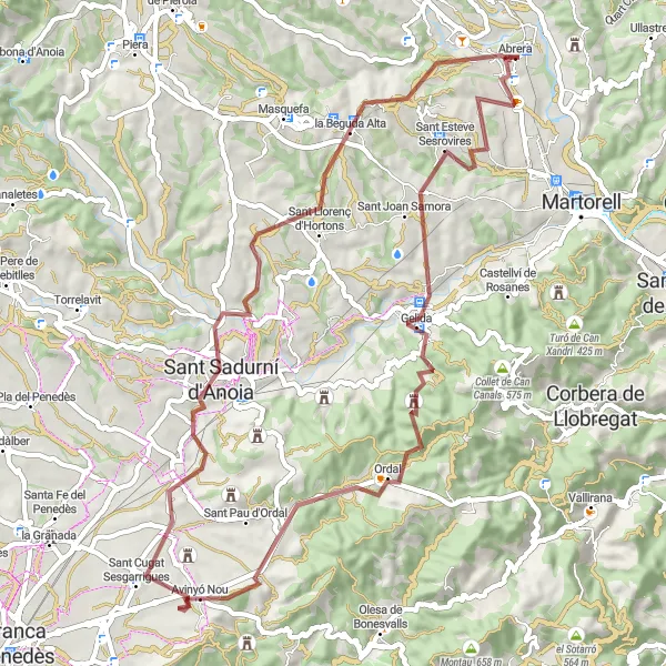 Miniatua del mapa de inspiración ciclista "Gravel Adventure through the Catalonian Countryside" en Cataluña, Spain. Generado por Tarmacs.app planificador de rutas ciclistas