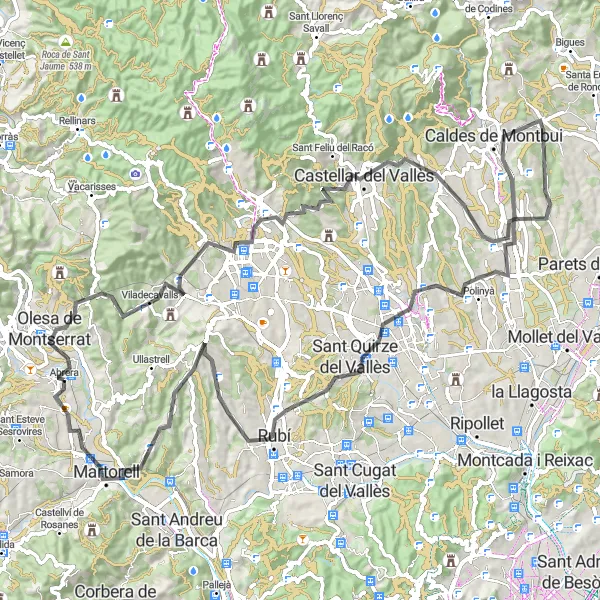 Map miniature of "Caldes de Montbui Loop" cycling inspiration in Cataluña, Spain. Generated by Tarmacs.app cycling route planner