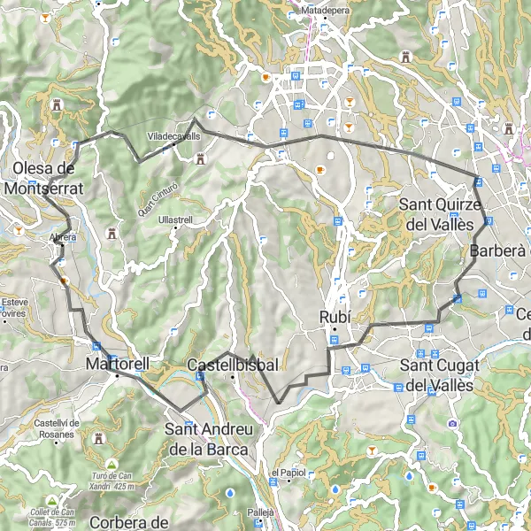 Miniatuurkaart van de fietsinspiratie "Olesa de Montserrat en omgeving" in Cataluña, Spain. Gemaakt door de Tarmacs.app fietsrouteplanner