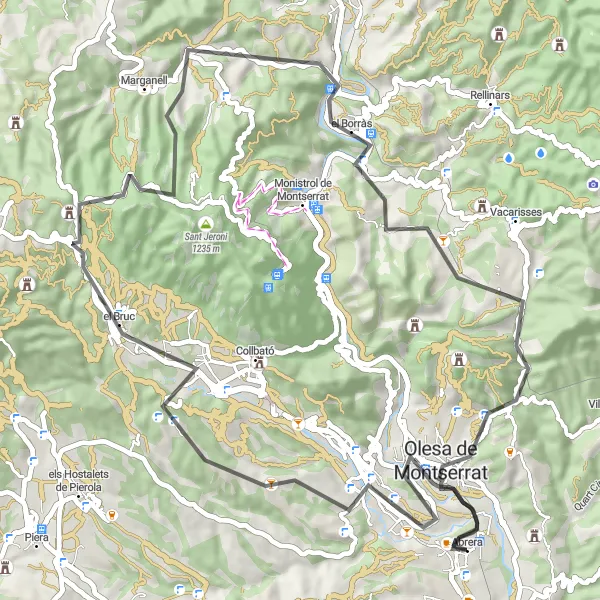 Miniature de la carte de l'inspiration cycliste "Tour des montagnes de Montserrat" dans la Cataluña, Spain. Générée par le planificateur d'itinéraire cycliste Tarmacs.app