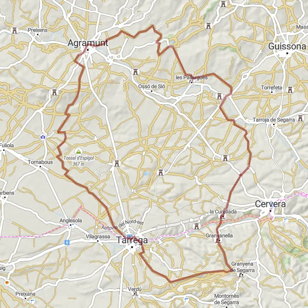 Miniatura della mappa di ispirazione al ciclismo "Percorso in sterrato di 70 km intorno ad Agramunt" nella regione di Cataluña, Spain. Generata da Tarmacs.app, pianificatore di rotte ciclistiche