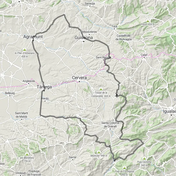 Map miniature of "The Epic Tour of Condomines" cycling inspiration in Cataluña, Spain. Generated by Tarmacs.app cycling route planner