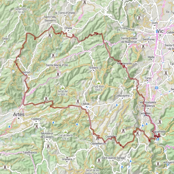 Miniaturní mapa "Gravel bike okruh kolem Aiguafreda" inspirace pro cyklisty v oblasti Cataluña, Spain. Vytvořeno pomocí plánovače tras Tarmacs.app